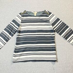 Banana Republic Women’s M Shirt Black White Striped 3/4 Sleeve Gold Button Top